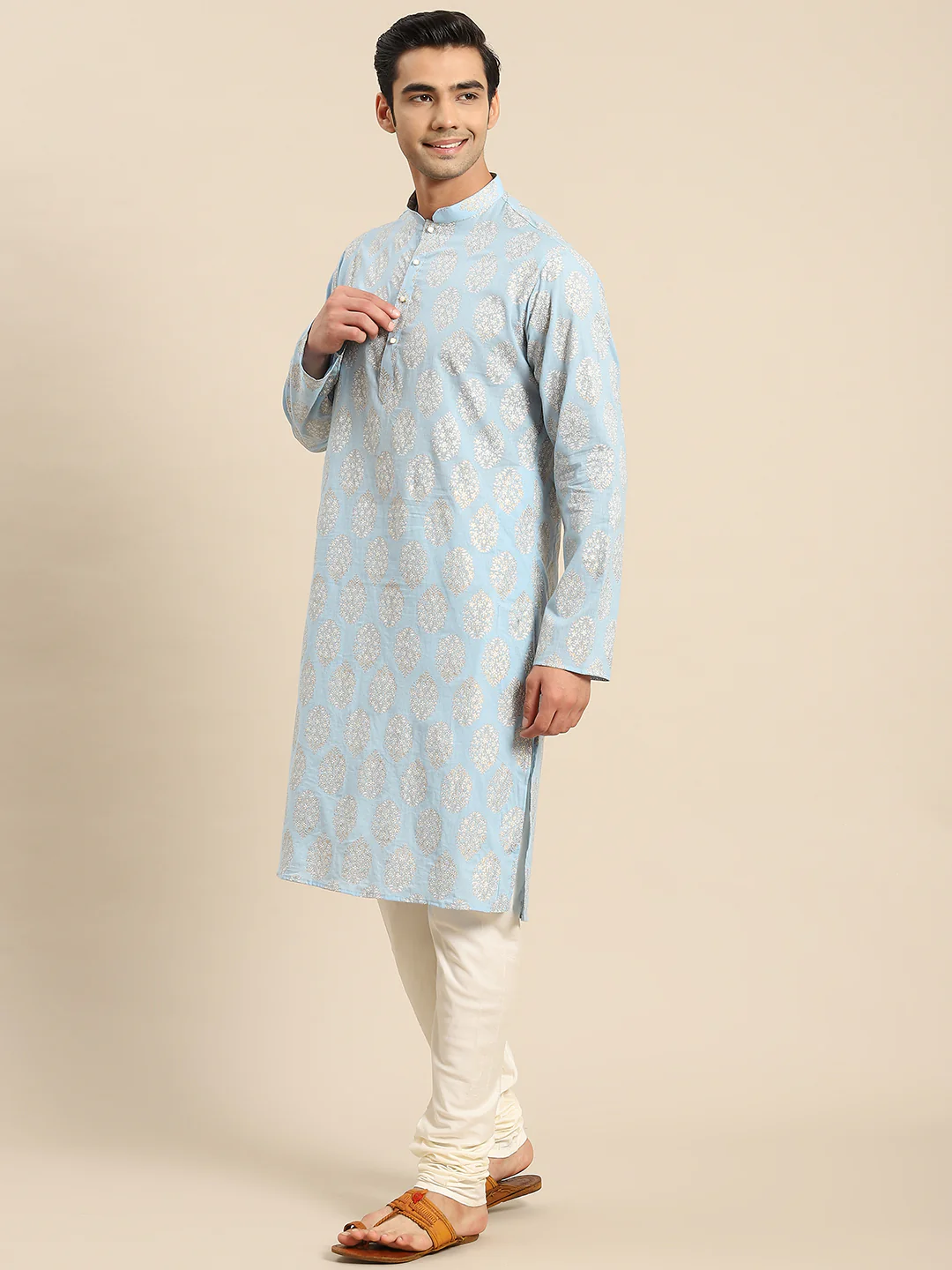 Light Blue Kurta Cream Churidar Set - Image 6