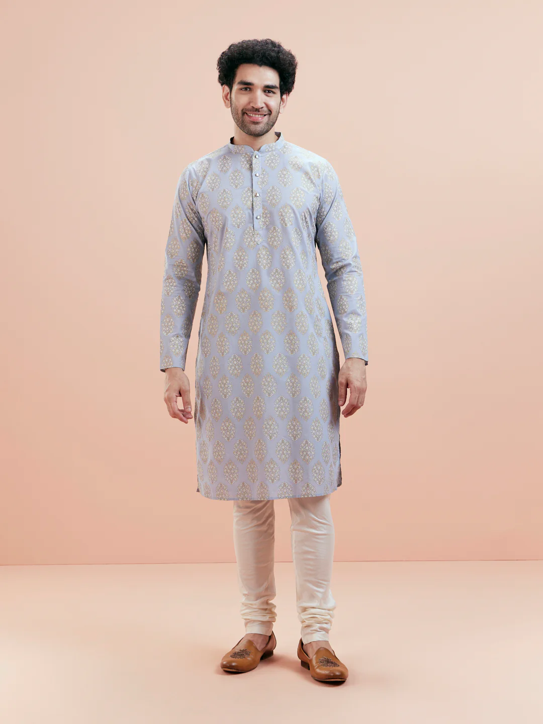 Light Blue Kurta Cream Churidar Set - Image 3
