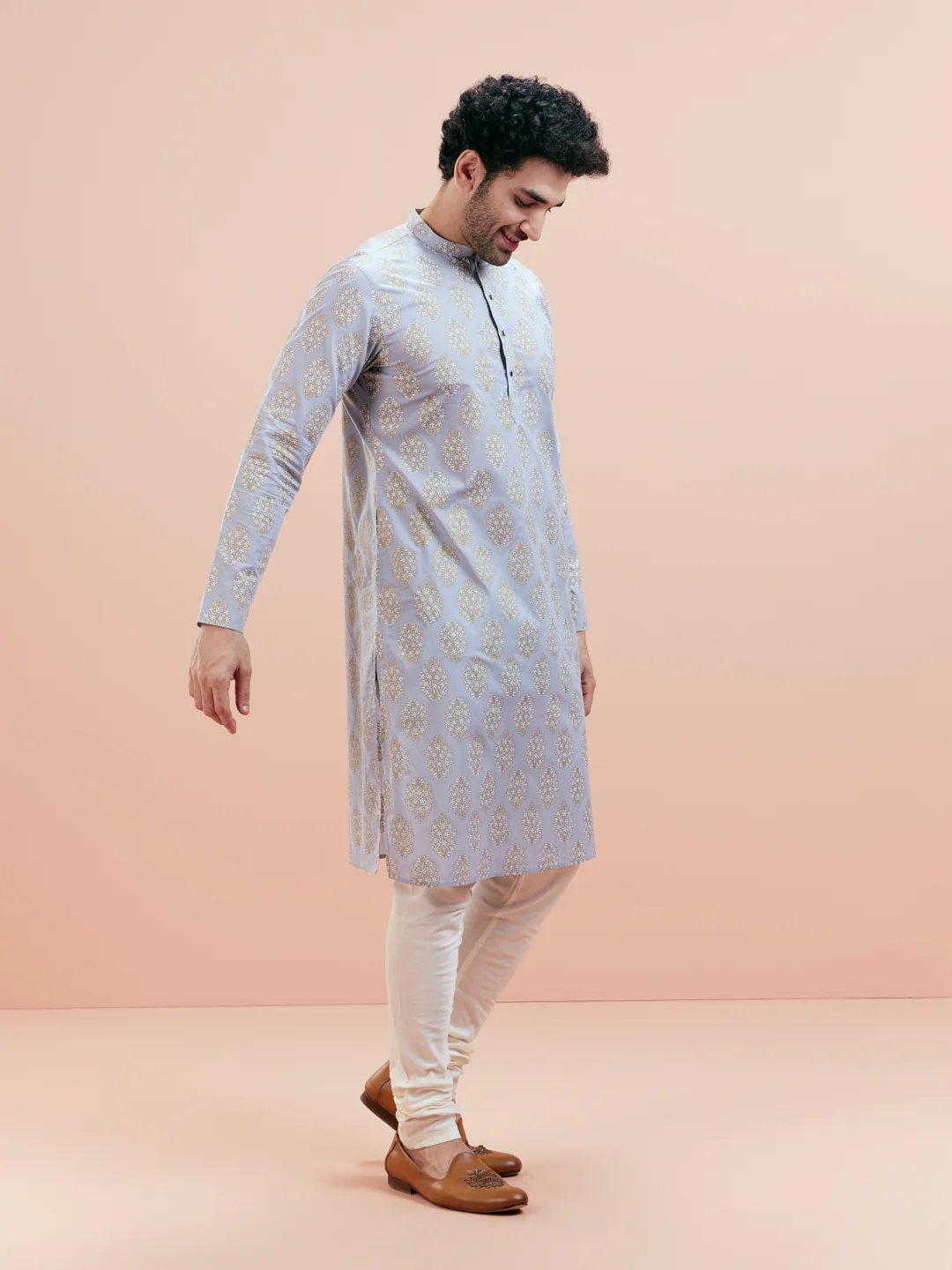 Light Blue Kurta Cream Churidar Set - Image 4