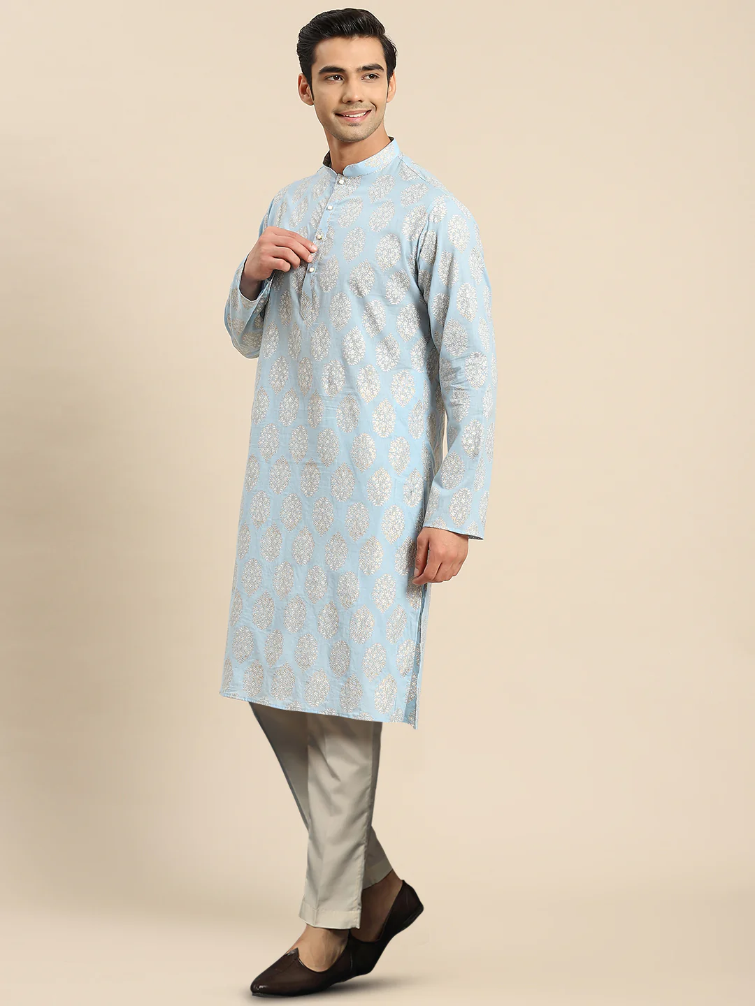 Light Blue Jacquard Kurta with Beige Trouser - Image 2