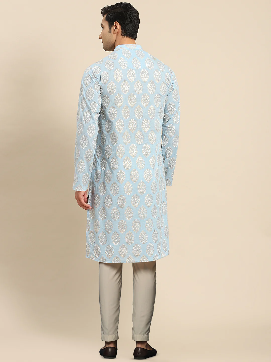 Light Blue Jacquard Kurta with Beige Trouser - Image 3