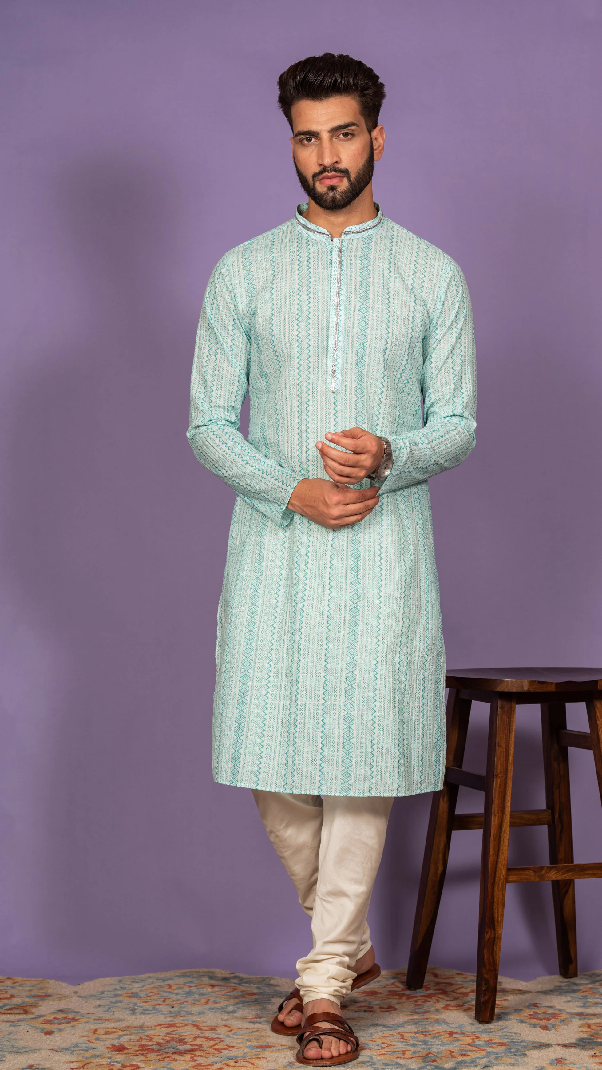 Men Green Geometric Kurta - Image 3
