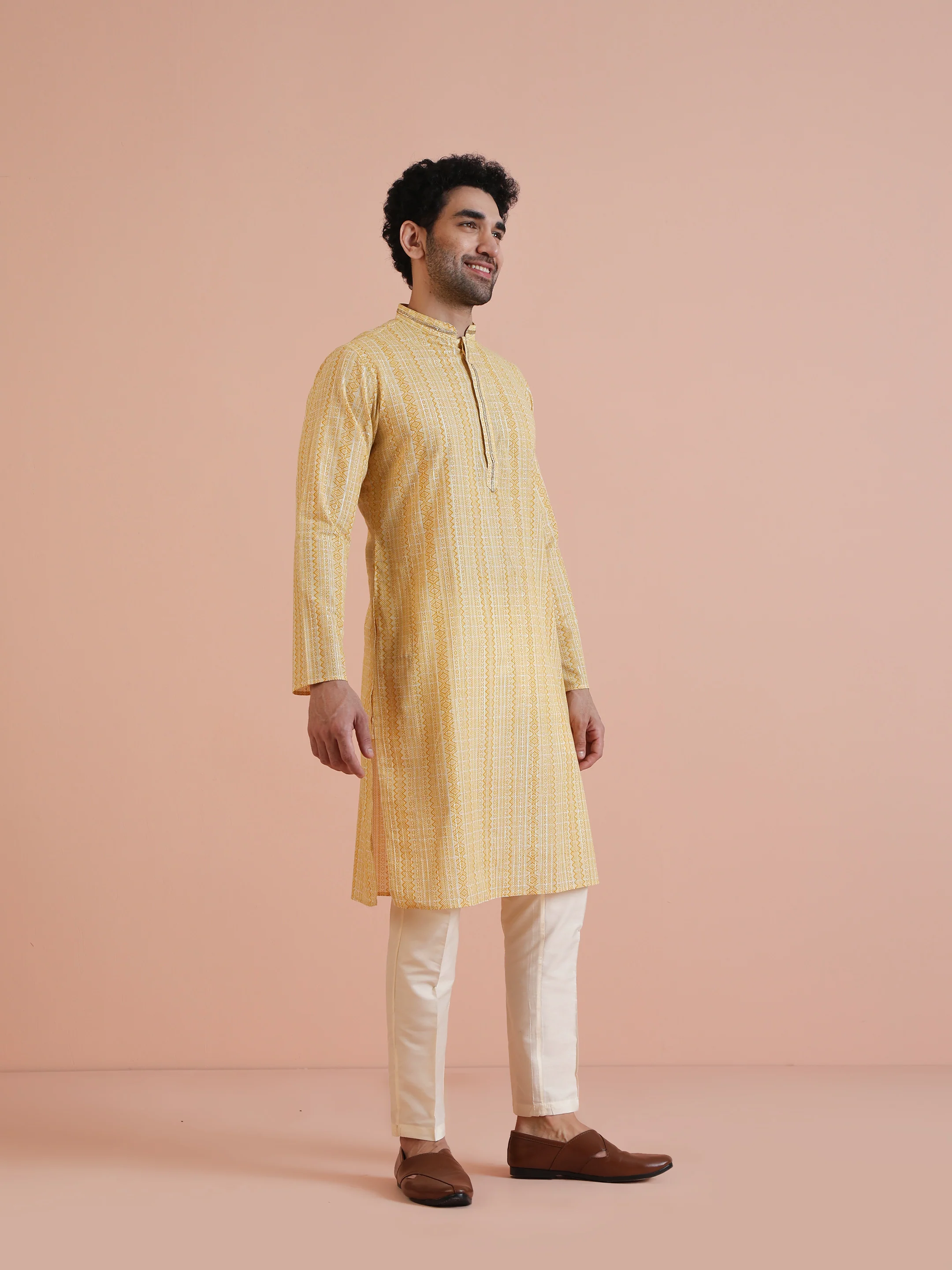 Yellow Cotton Silk Printed Long Kurta - Image 4