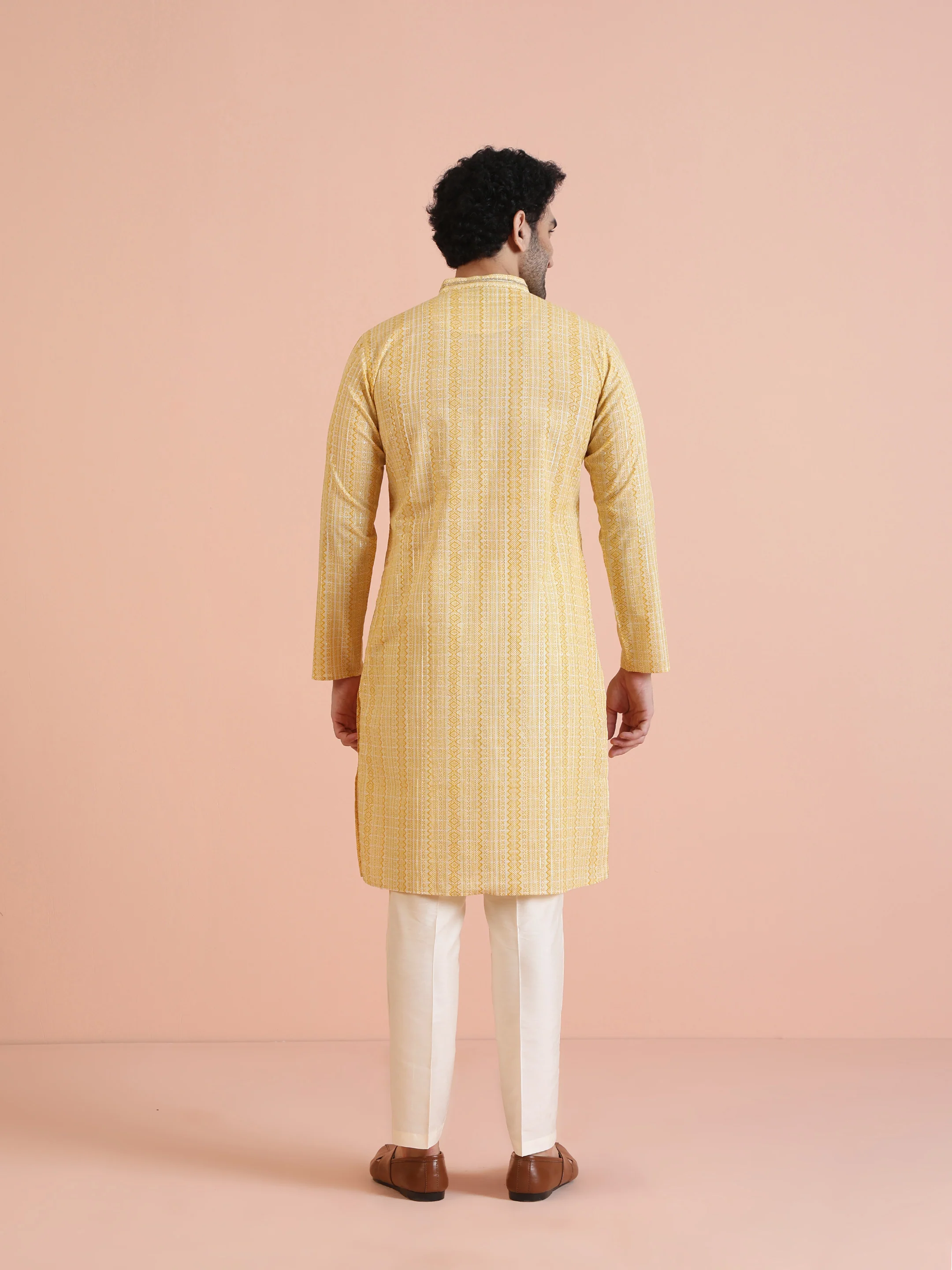 Yellow Cotton Silk Printed Long Kurta - Image 5