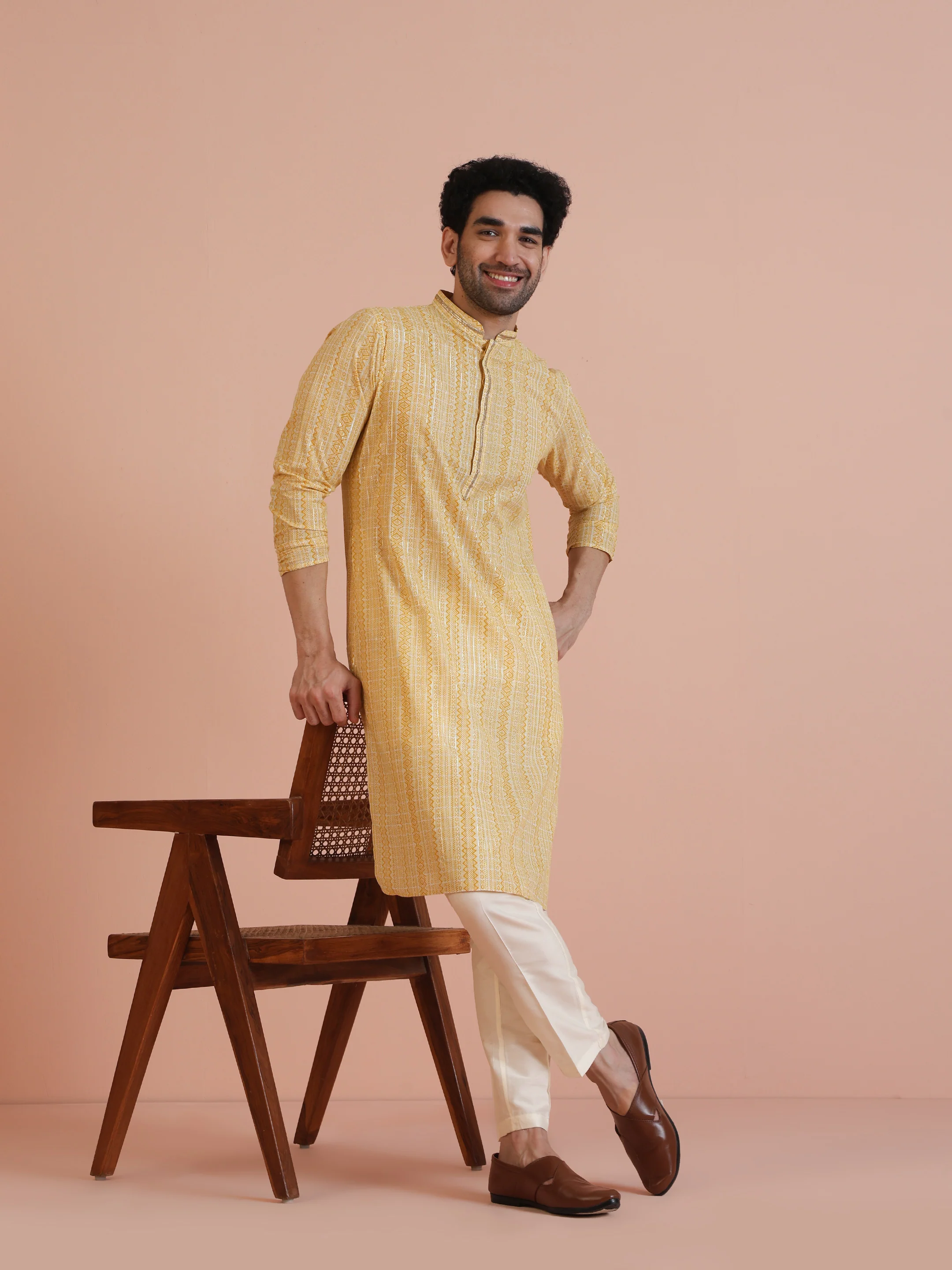 Yellow Cotton Silk Printed Long Kurta - Image 7