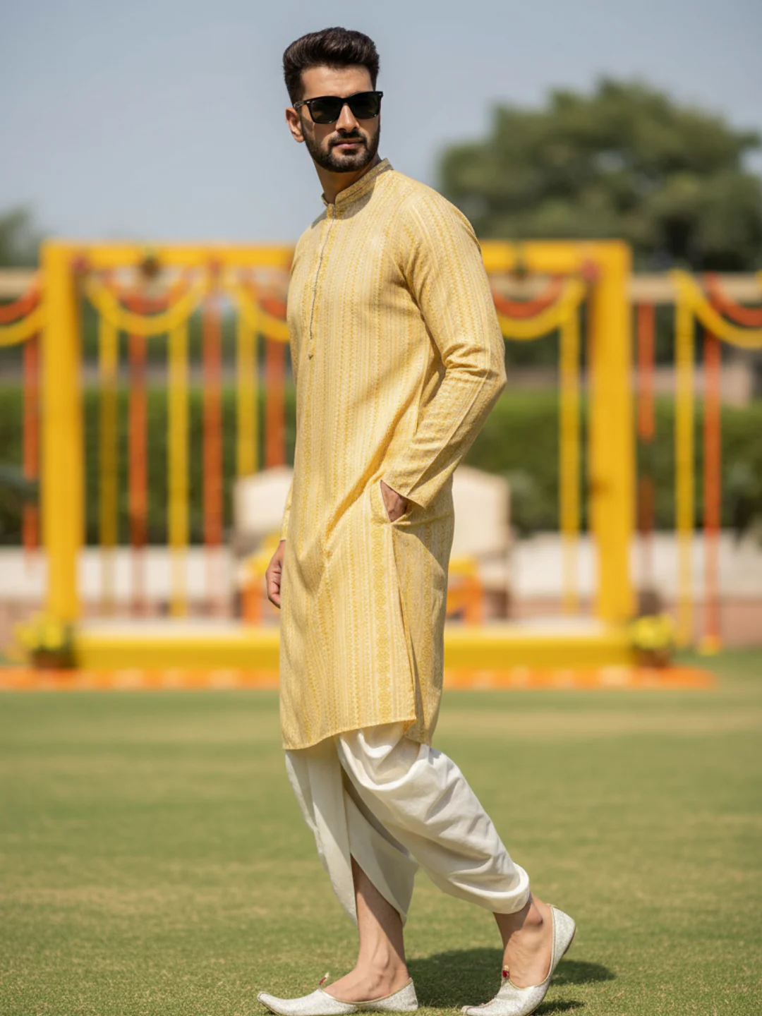Yellow Jacquard Kurta Dhoti Set - Image 2