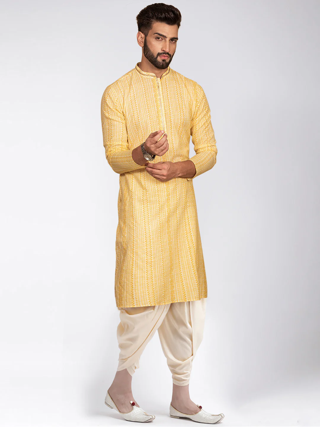 Yellow Jacquard Kurta Dhoti Set - Image 3