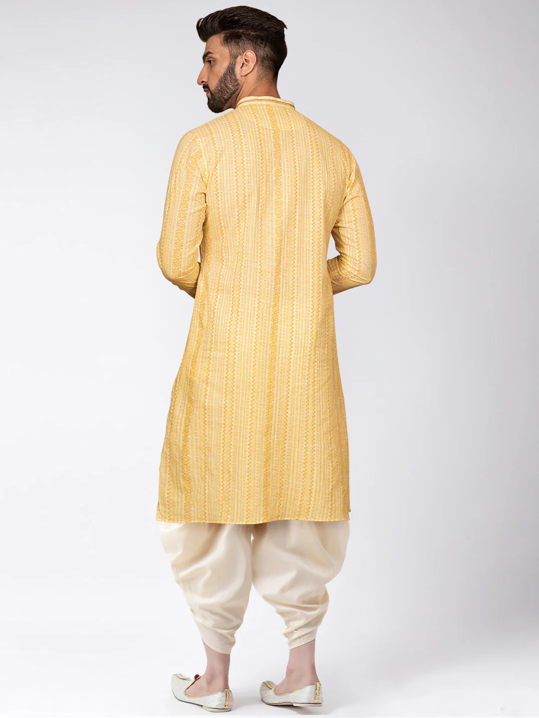 Yellow Jacquard Kurta Dhoti Set - Image 5
