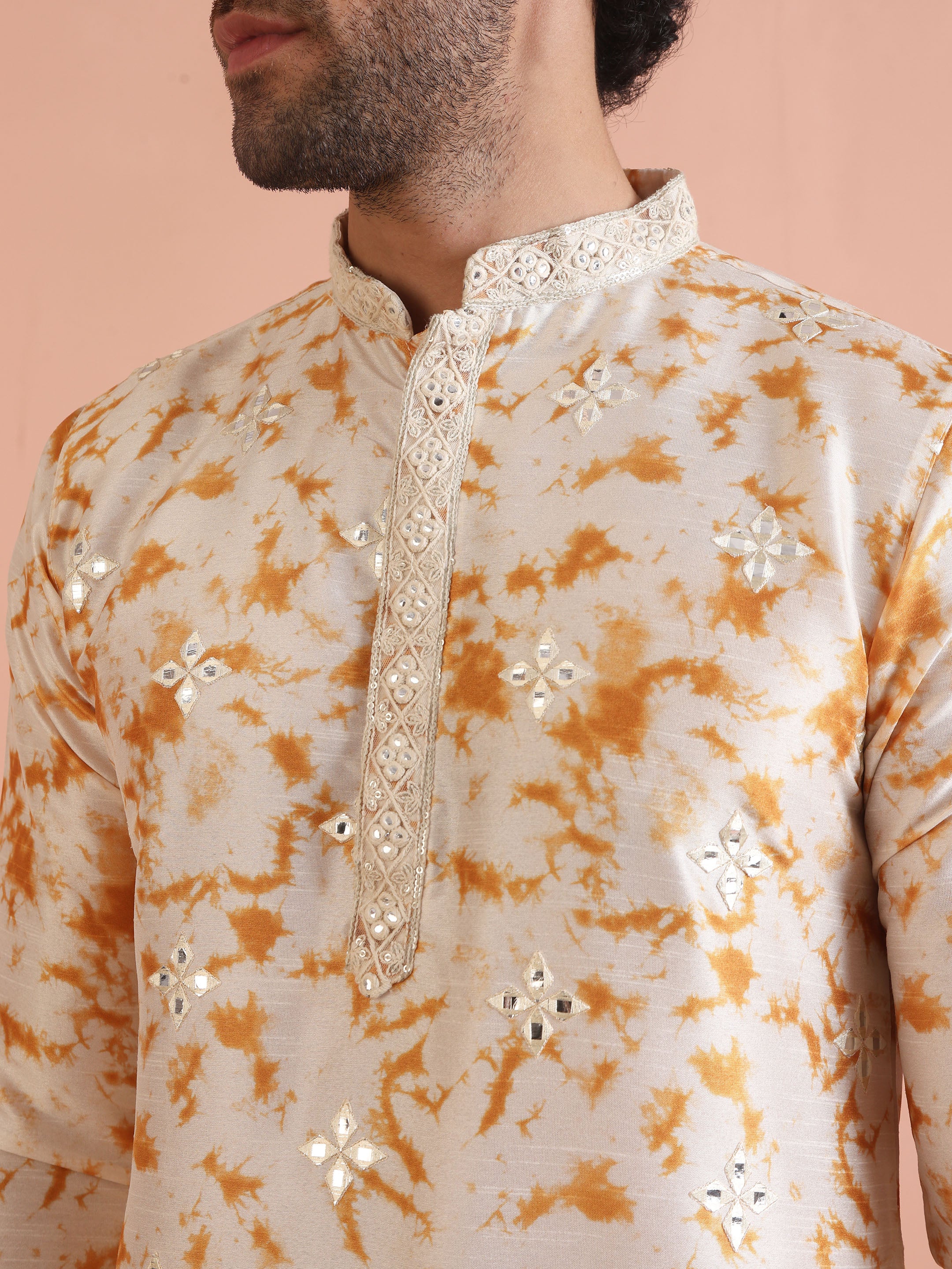 Beige Silk Blend Mirror Work Kurta - Image 6