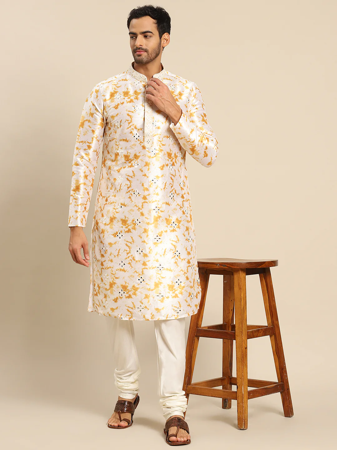 Men white Embroidered kurta Churidar set - Image 3