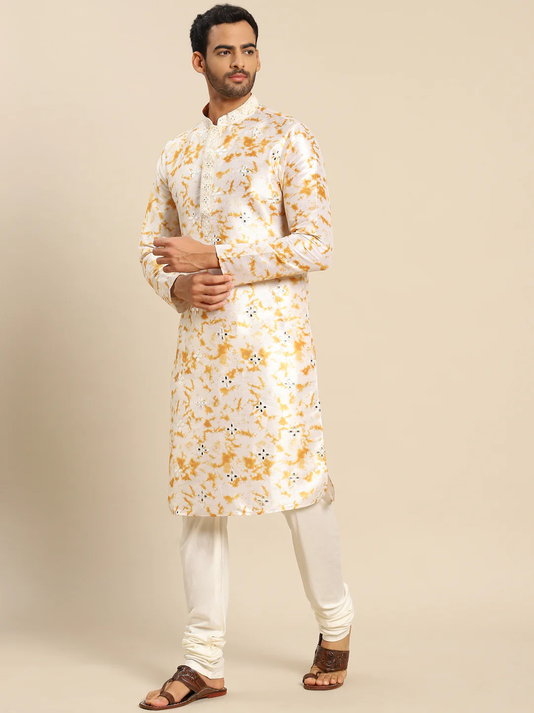 Men white Embroidered kurta Churidar set - Image 6