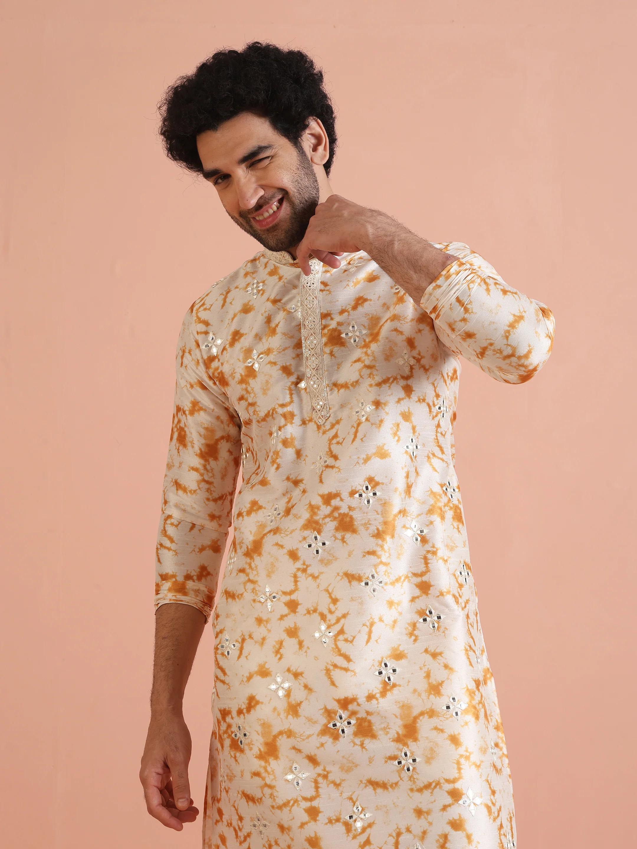 Cream Cotton Silk Mirror Work Kurta Trouser Set - Image 7