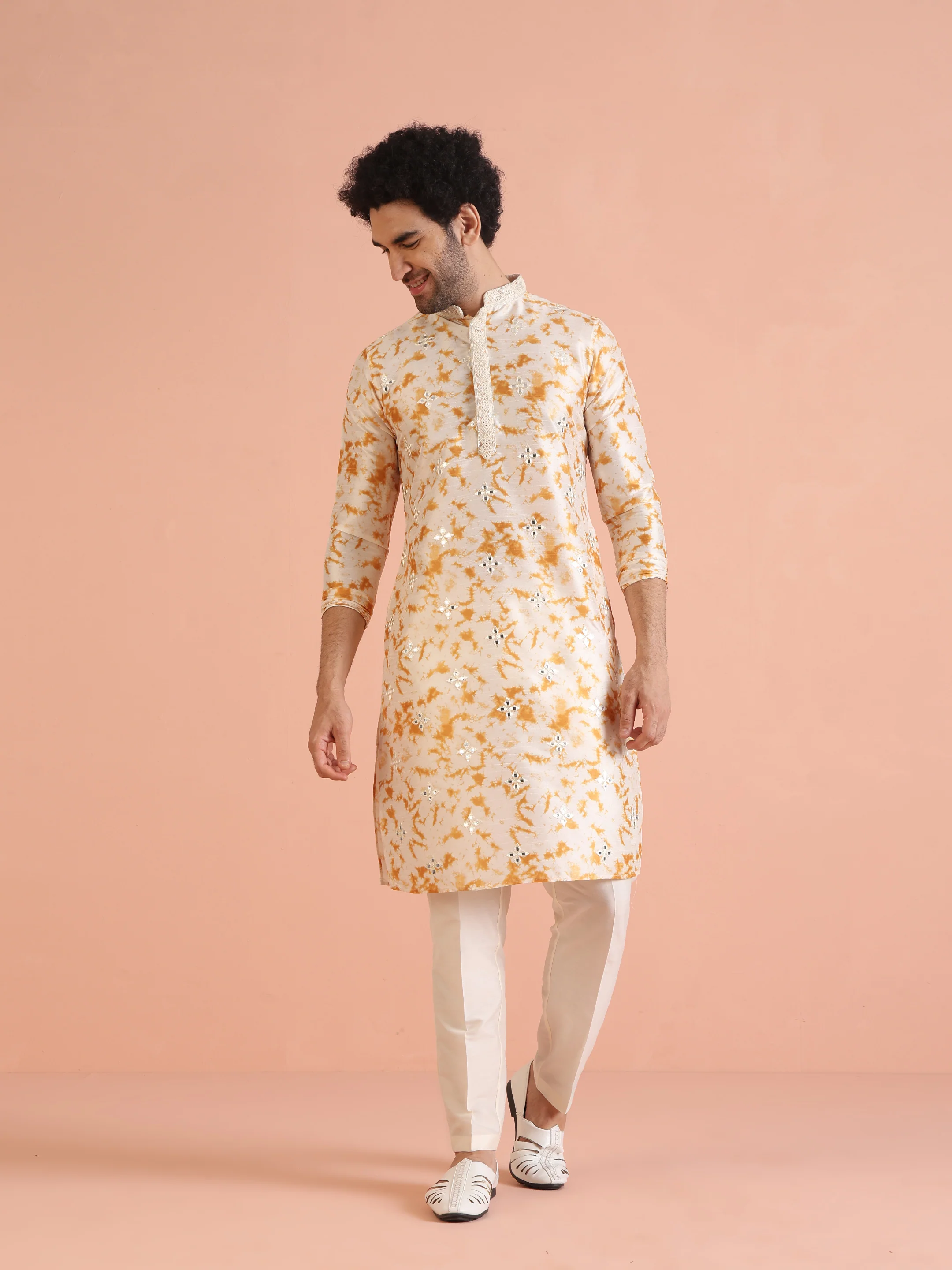 Cream Cotton Silk Mirror Work Kurta Trouser Set - Image 8