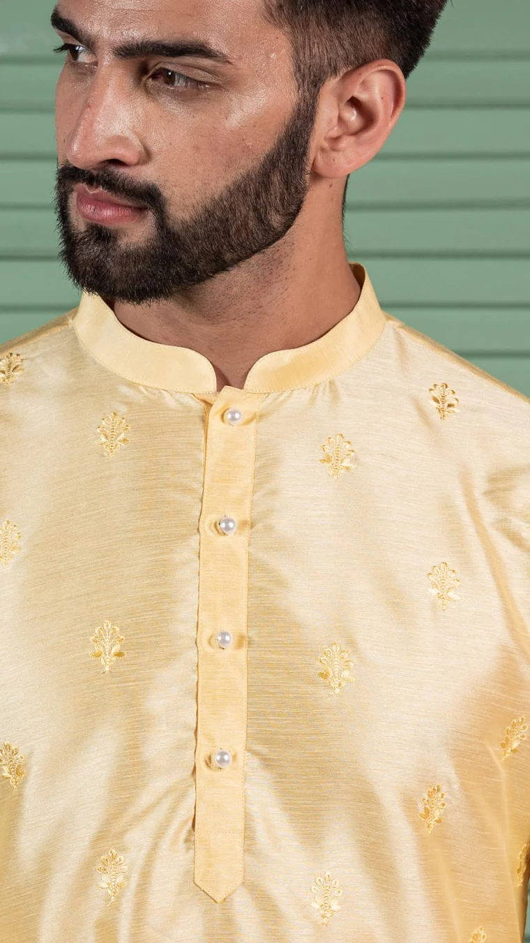 Men Yellow Floral Kurta - Image 5