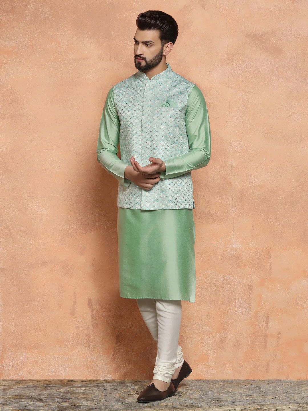 Mint Green Kurta with Jacquard Jacket & Churidar - Image 3