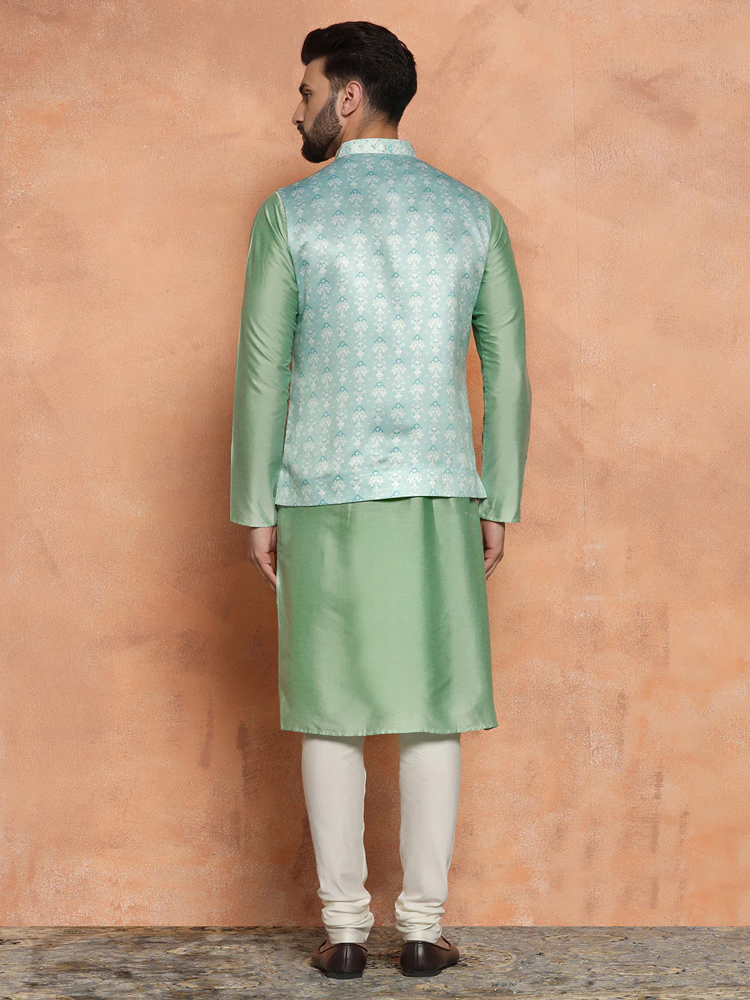 Mint Green Kurta with Jacquard Jacket & Churidar - Image 4