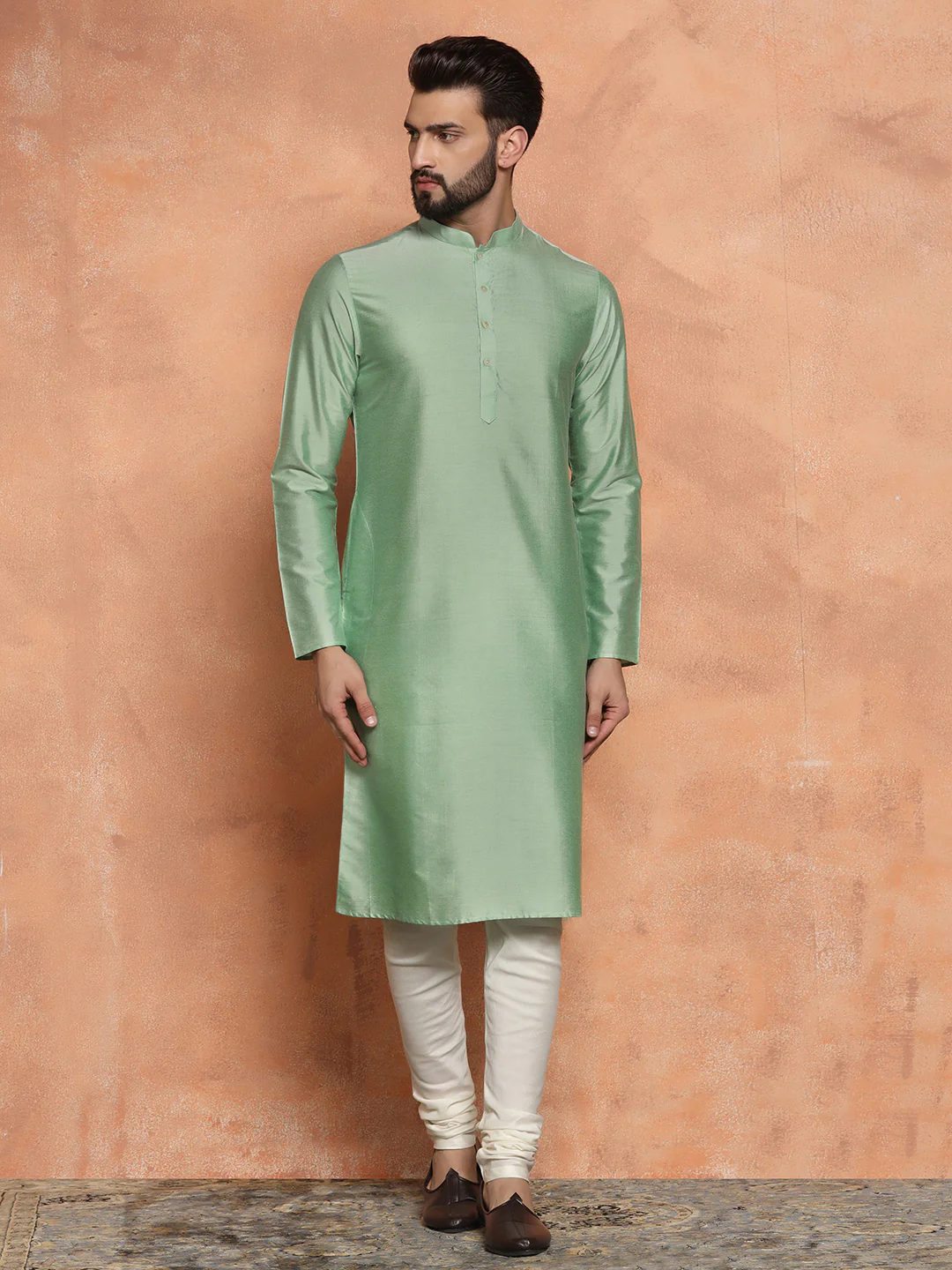 Mint Green Kurta with Jacquard Jacket & Churidar - Image 5
