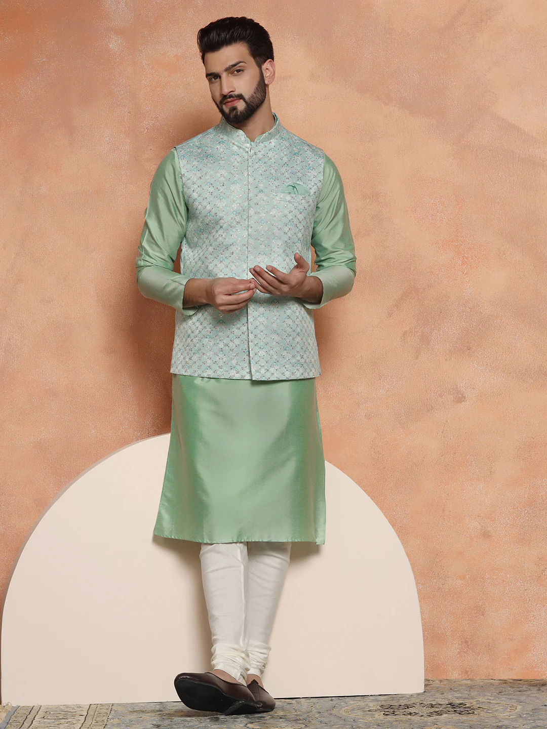 Mint Green Kurta with Jacquard Jacket & Churidar - Image 8