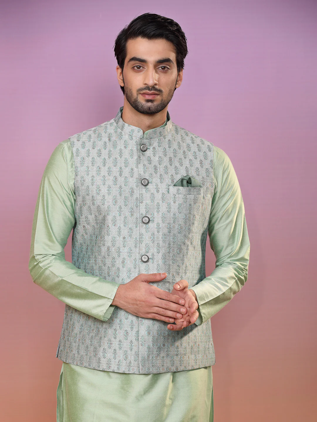 Kisah Men Green Kurta Jacket Set - Image 11