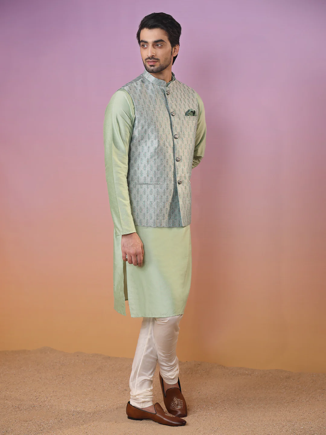 Kisah Men Green Kurta Jacket Set - Image 2