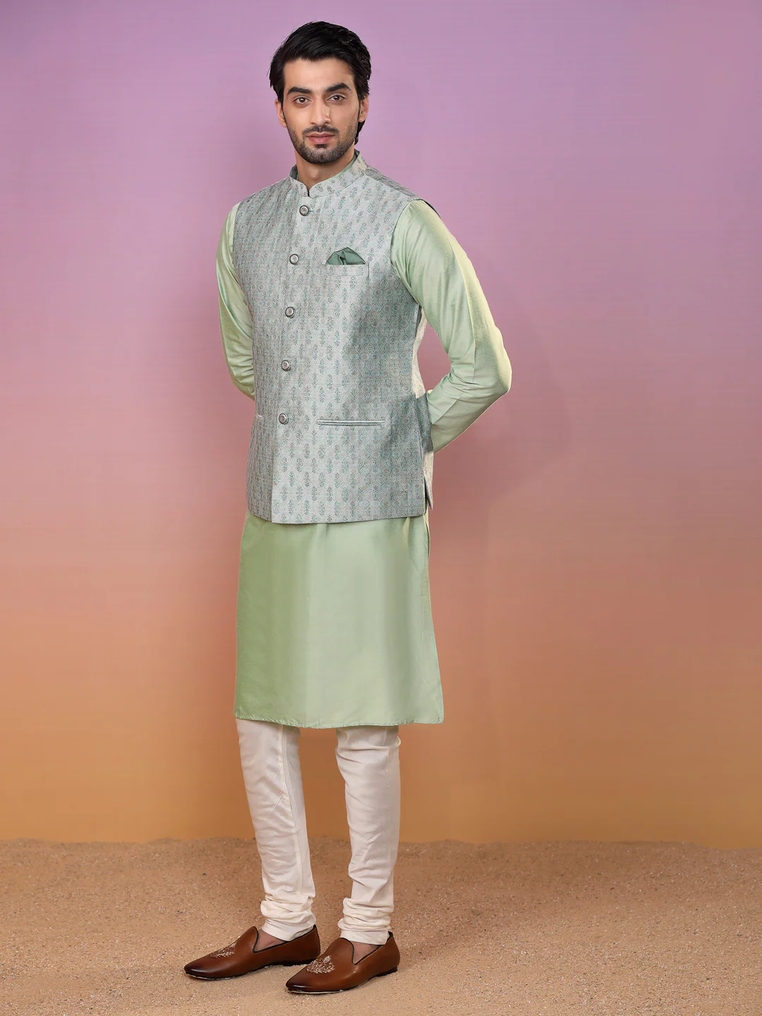 Kisah Men Green Kurta Jacket Set - Image 3