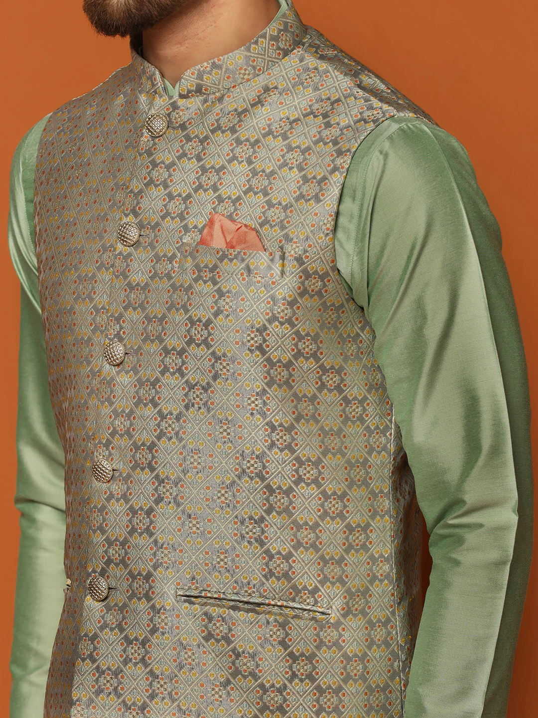 Grey Golden Woven Nehru Jacket Kurta Trouser Set - Image 5