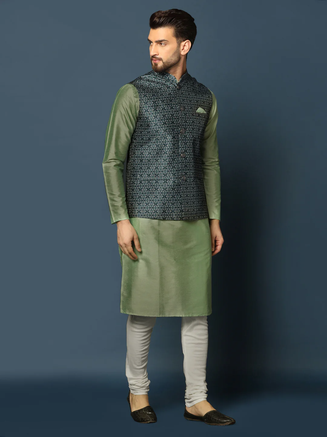 Men's Teal Kurta Jacket Churidar Set - Image 2