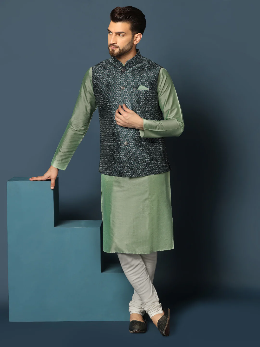 Men's Teal Kurta Jacket Churidar Set - Image 8