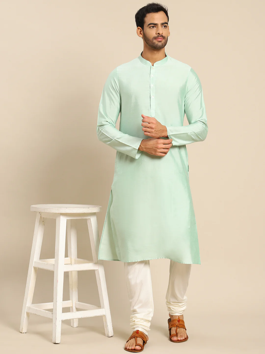 Mint Green Silk Blend Solid Long Kurta - Image 6