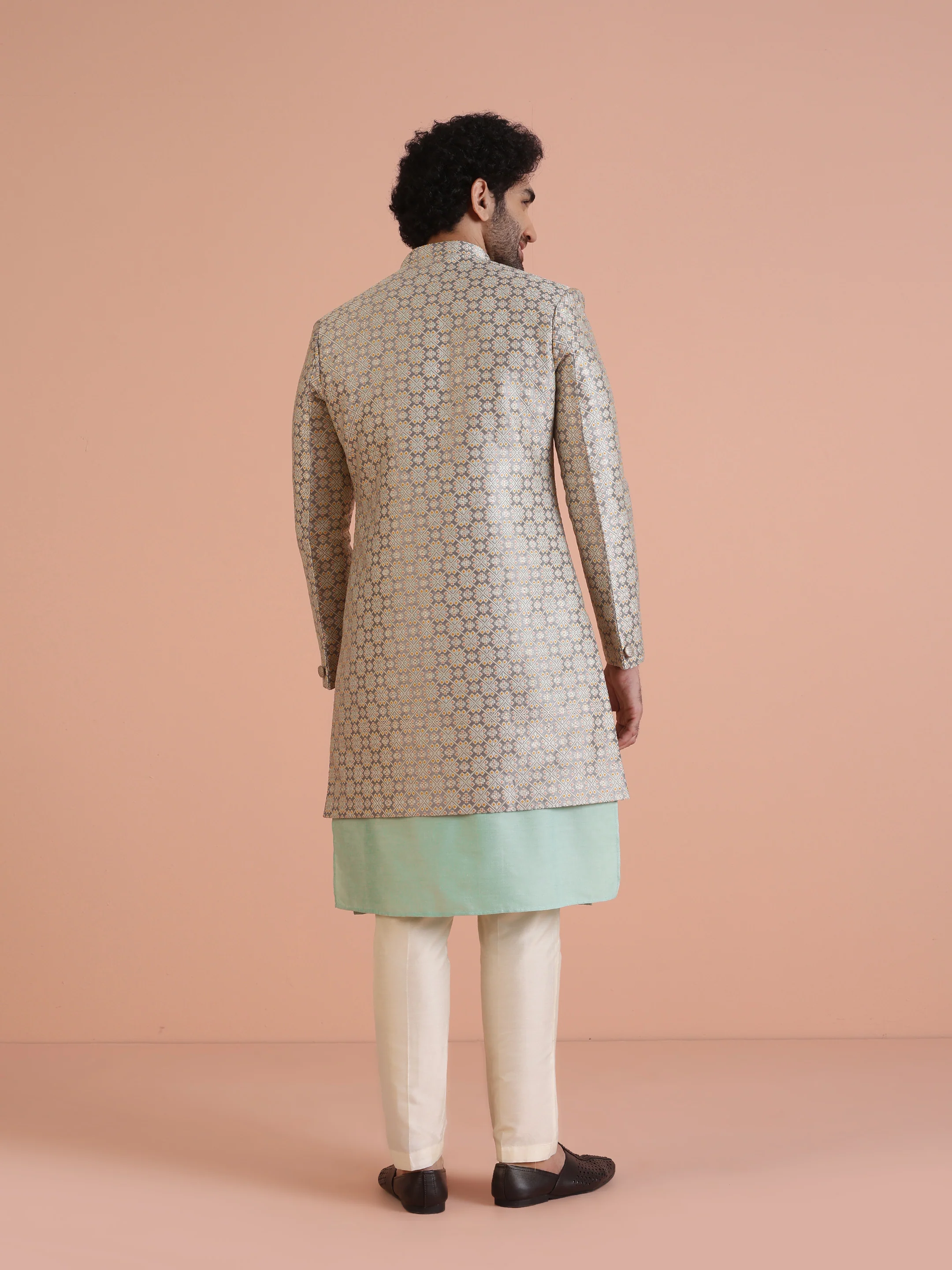 Beige Cotton Silk Printed Sherwani Kurta Trouser Set - Image 4