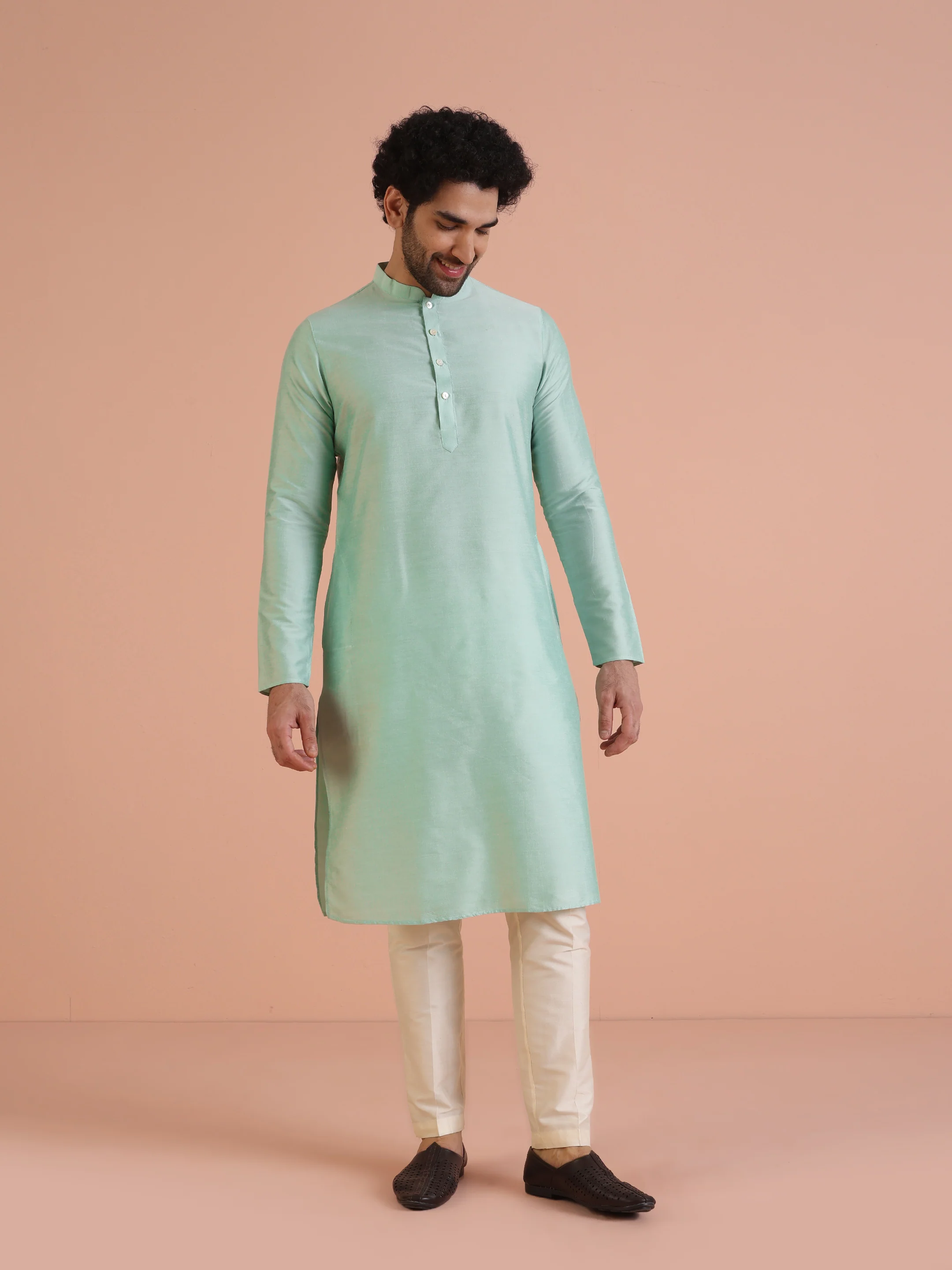 Beige Cotton Silk Printed Sherwani Kurta Trouser Set - Image 5