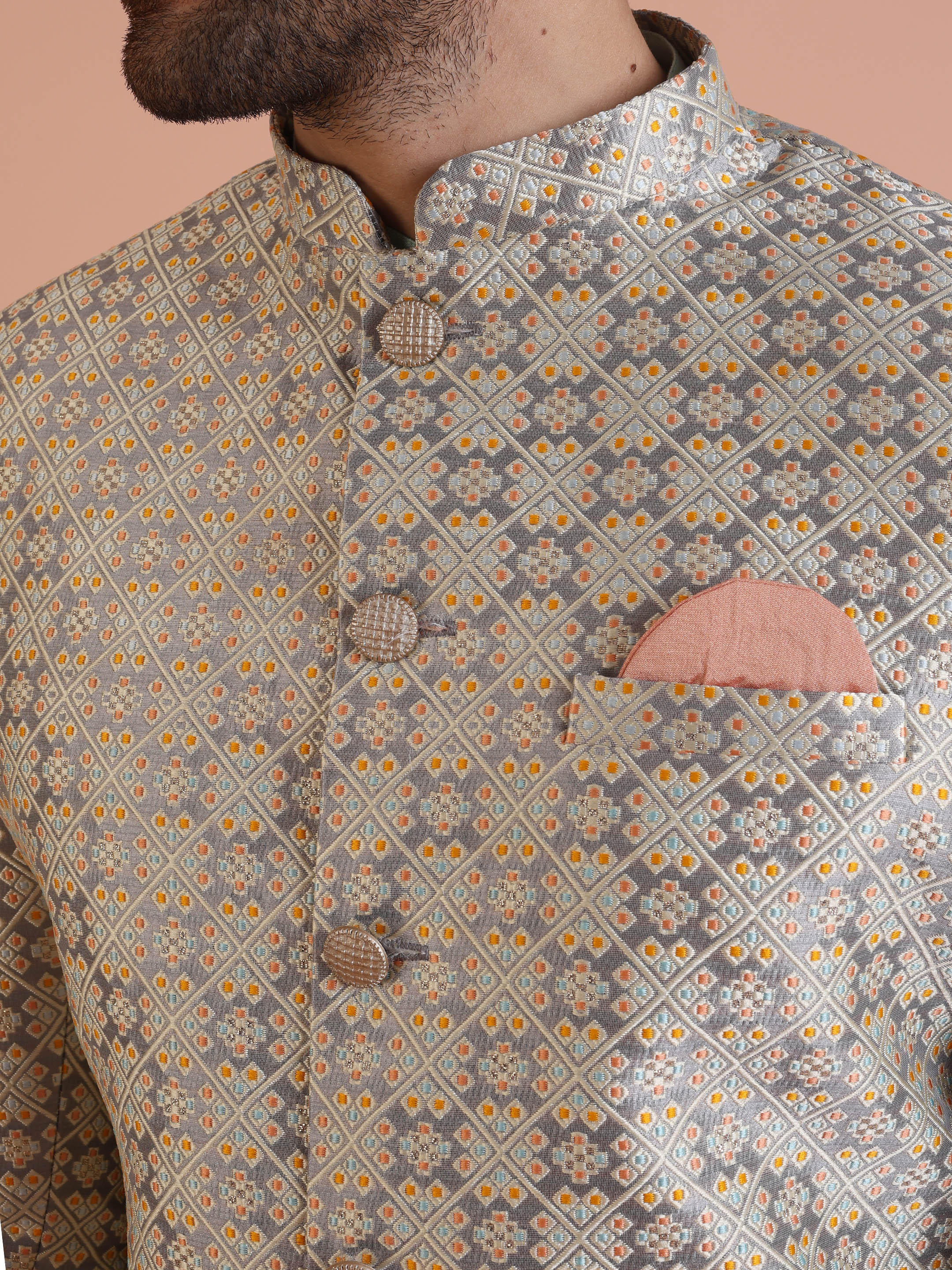 Beige Cotton Silk Printed Sherwani Kurta Trouser Set - Image 6