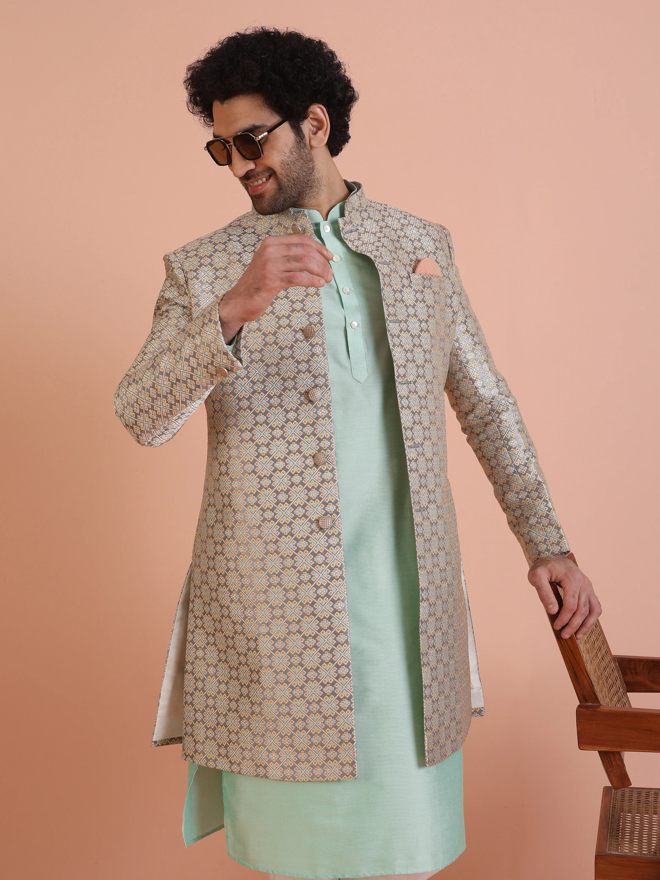 Beige Cotton Silk Printed Sherwani Kurta Trouser Set - Image 8