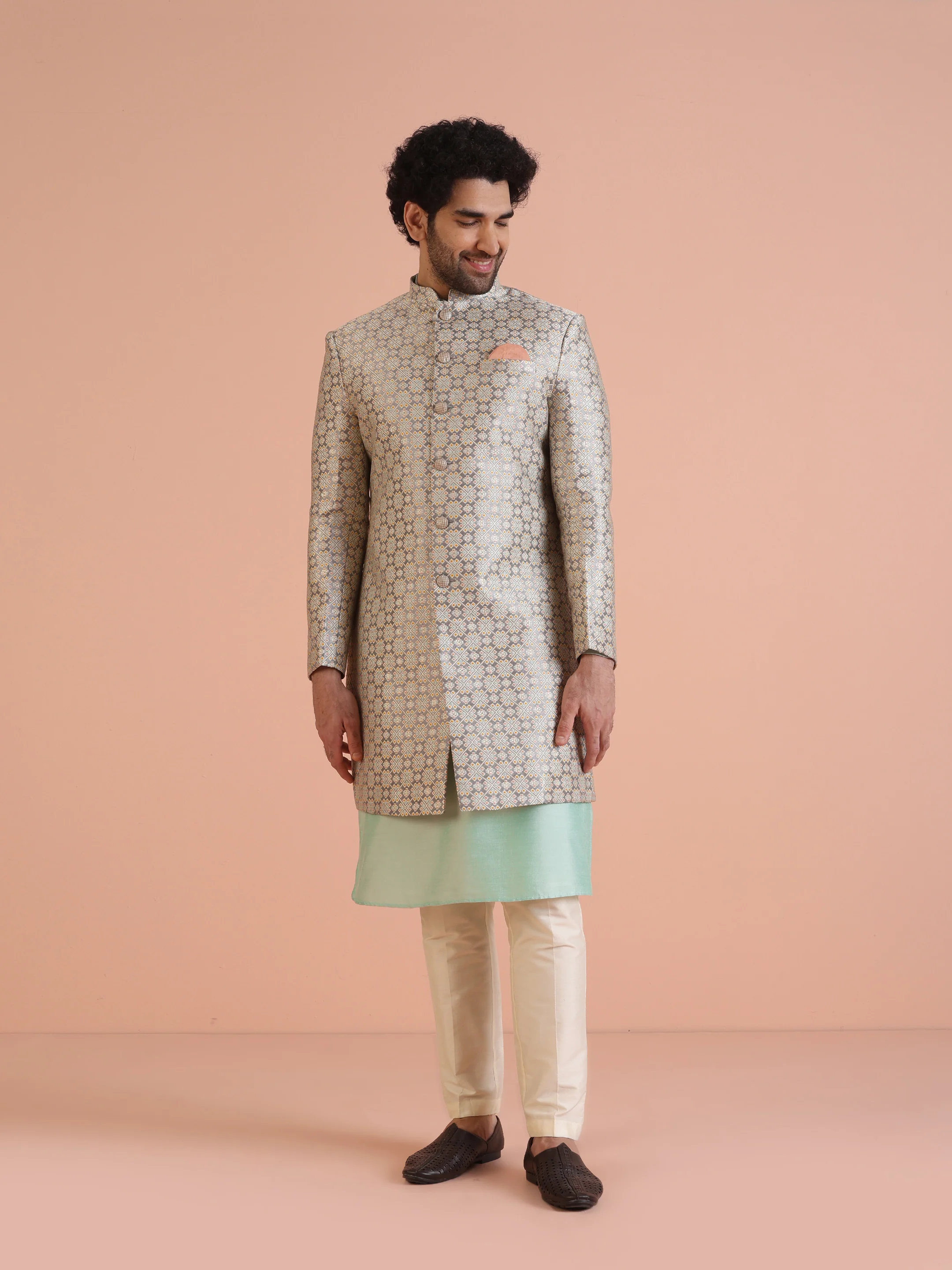 Beige Cotton Silk Printed Sherwani Kurta Trouser Set - Image 9