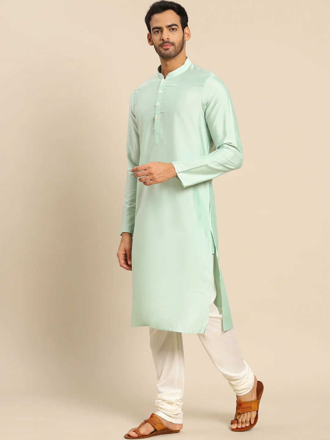 Mint Green Silk Blend Kurta Churidar Set - Image 2