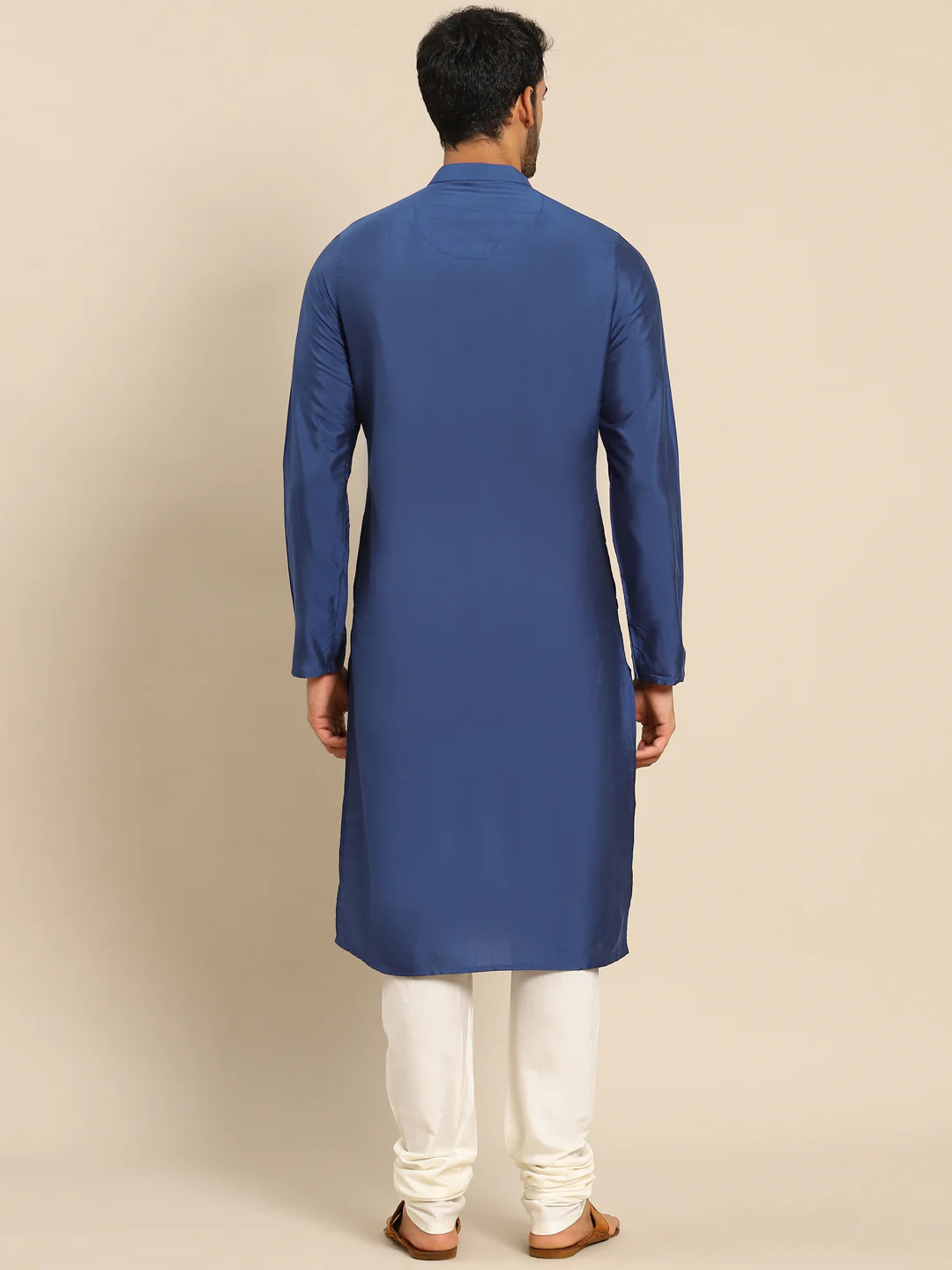 Navy Blue Silk Blend Solid Long Kurta - Image 3
