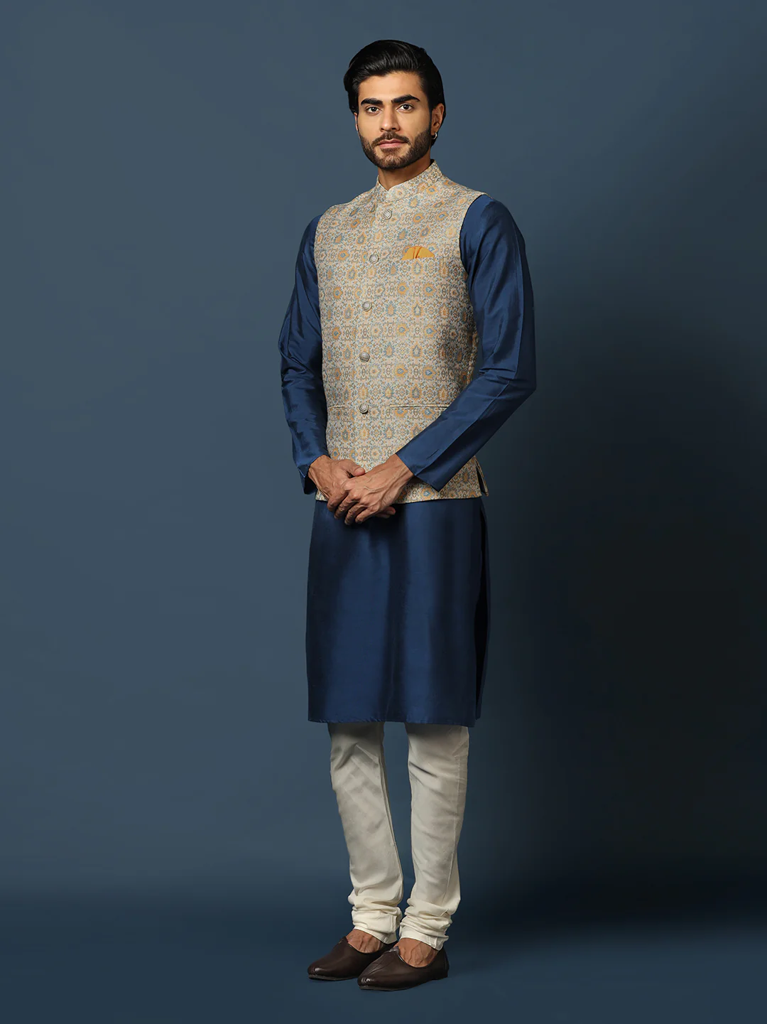 Navy Blue Silk Blend Textured Nehru Jacket Kurta Set - Image 3