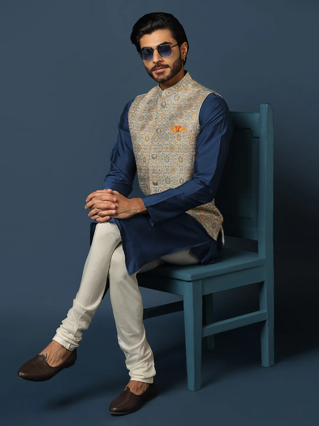 Navy Blue Silk Blend Textured Nehru Jacket Kurta Set - Image 8