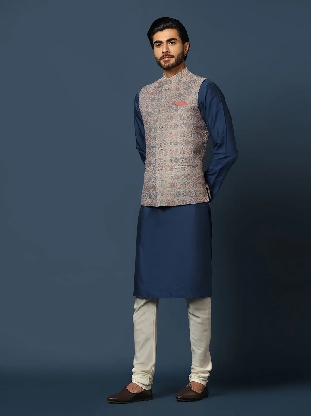 Men's Multicolored Kurta Jacket Churidar Set - Image 3