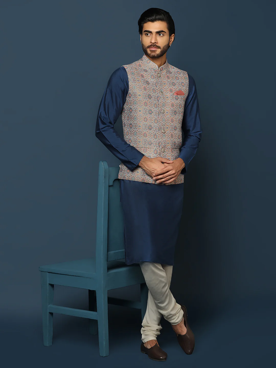 Men's Multicolored Kurta Jacket Churidar Set - Image 8
