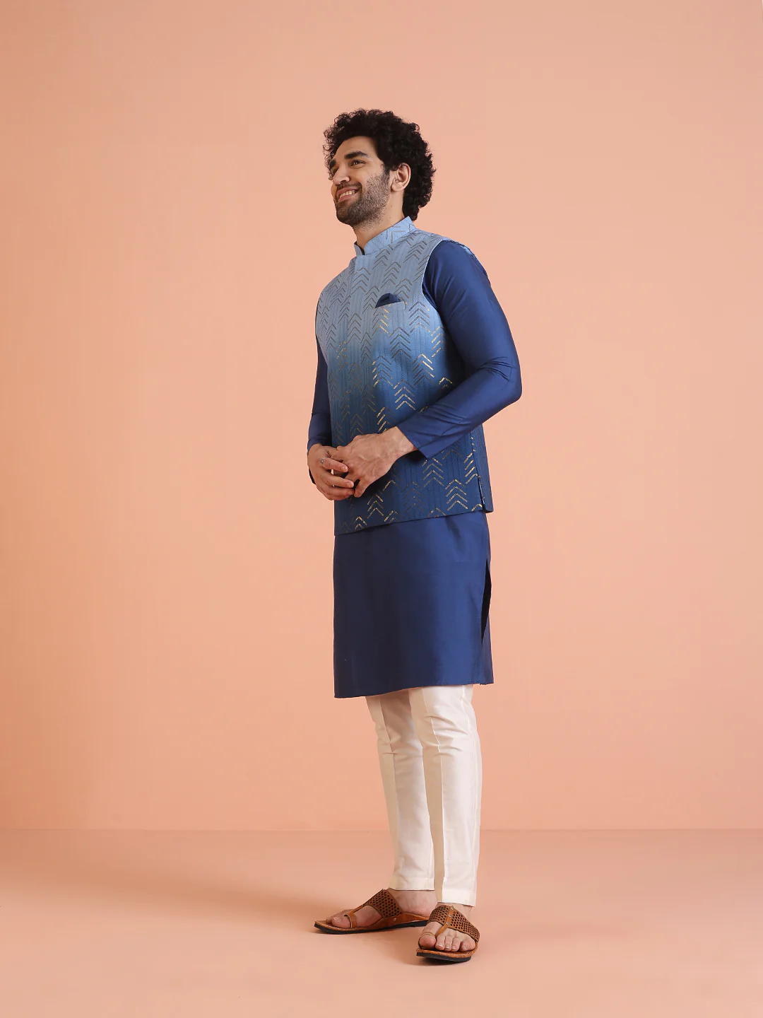 Blue Ombre Sequinned Nehru Jacket Set - Image 3
