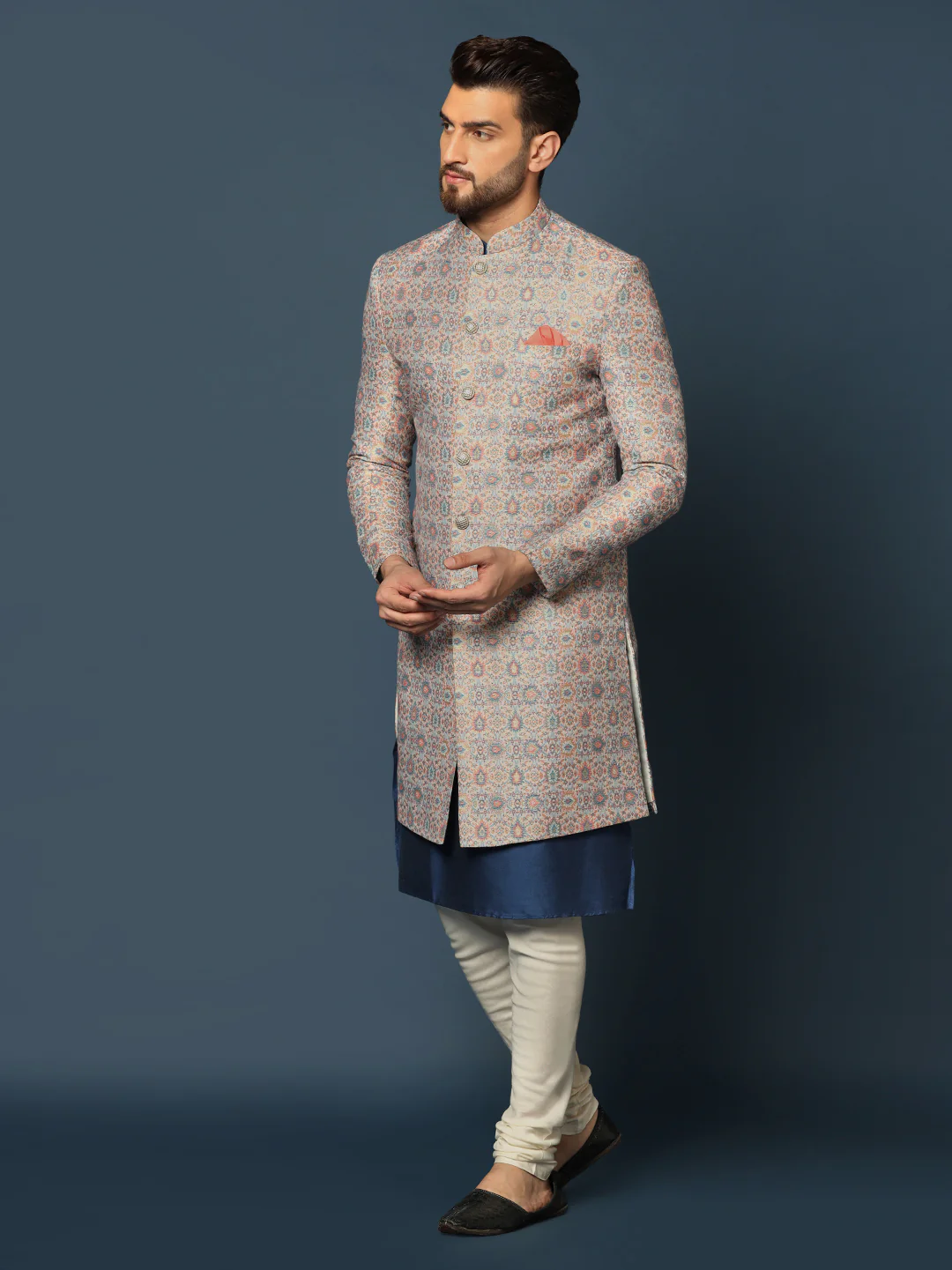 Grey Printed Indo-Western Jacket Set - Image 3