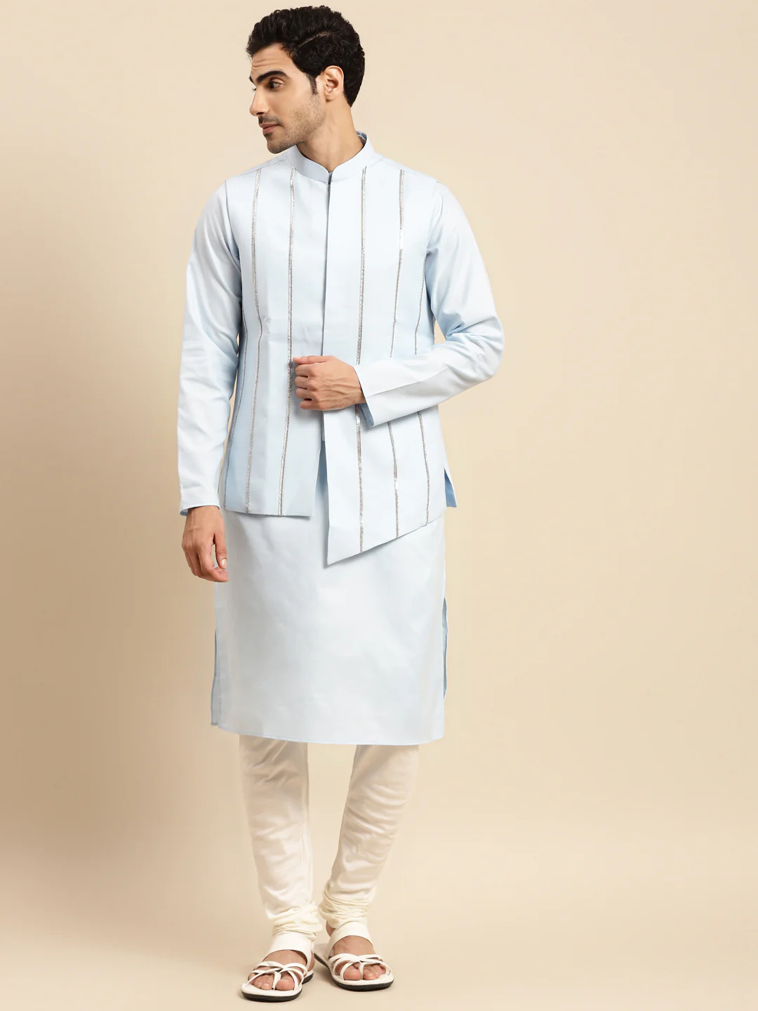 Men Light Blue kurta jacket set - Image 7