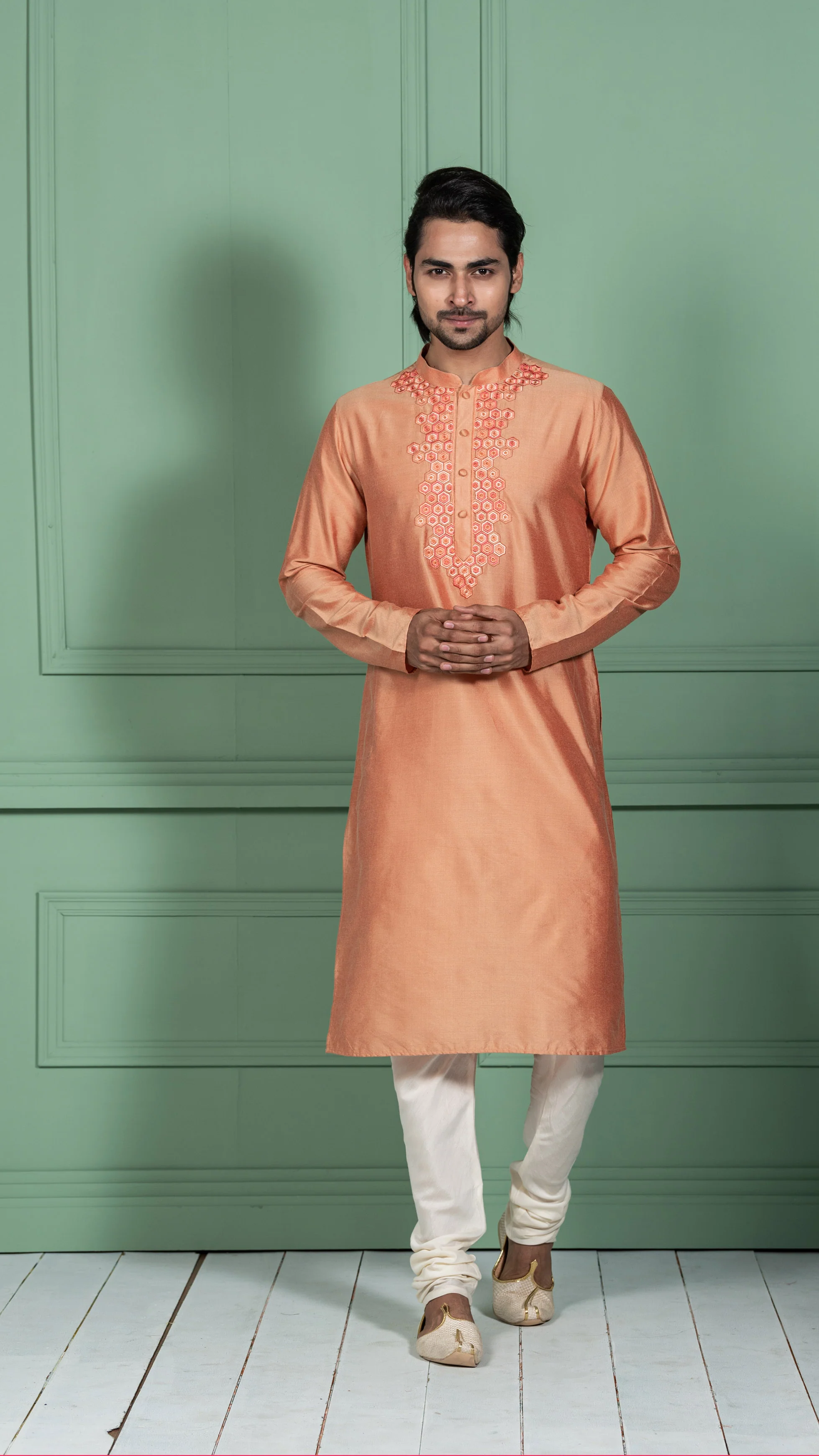 Men Peach Embellished Kurta - Image 5