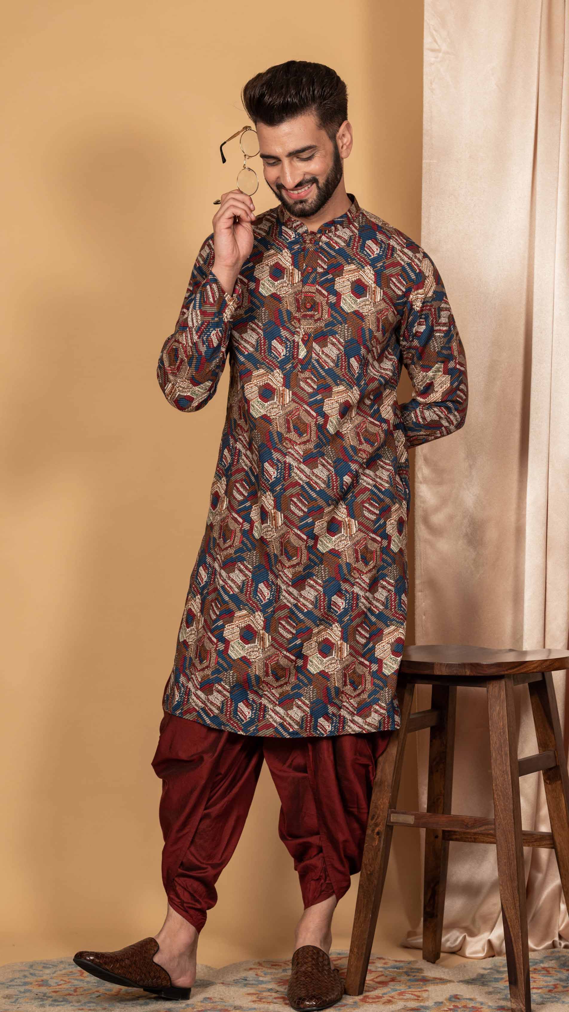 Multicolor Printed Cotton Kurta Dhoti Set - Image 4