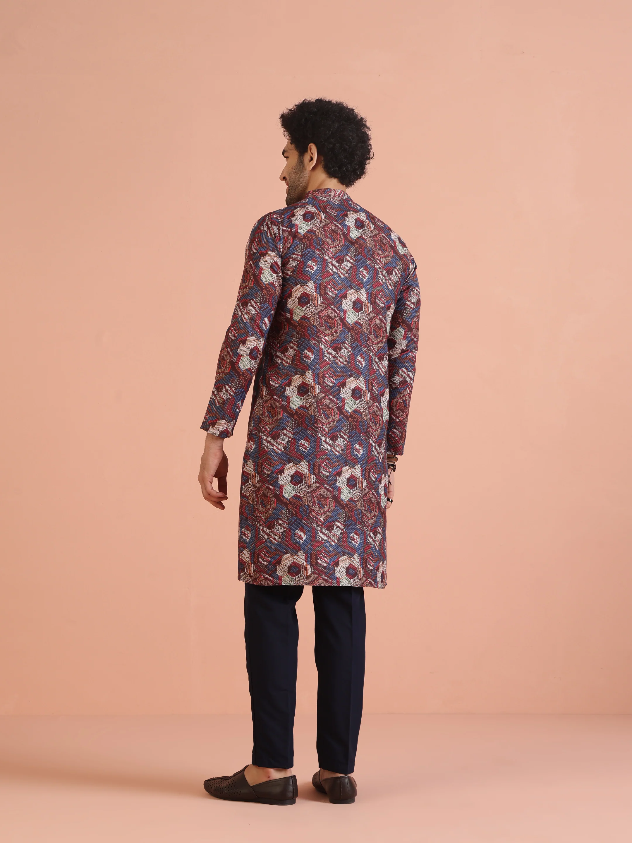 Multicolor Printed Cotton Kurta Set with Geometric Motifs and Navy Blue Trousers â€“ Festive & Wedding Ensemble - Image 4