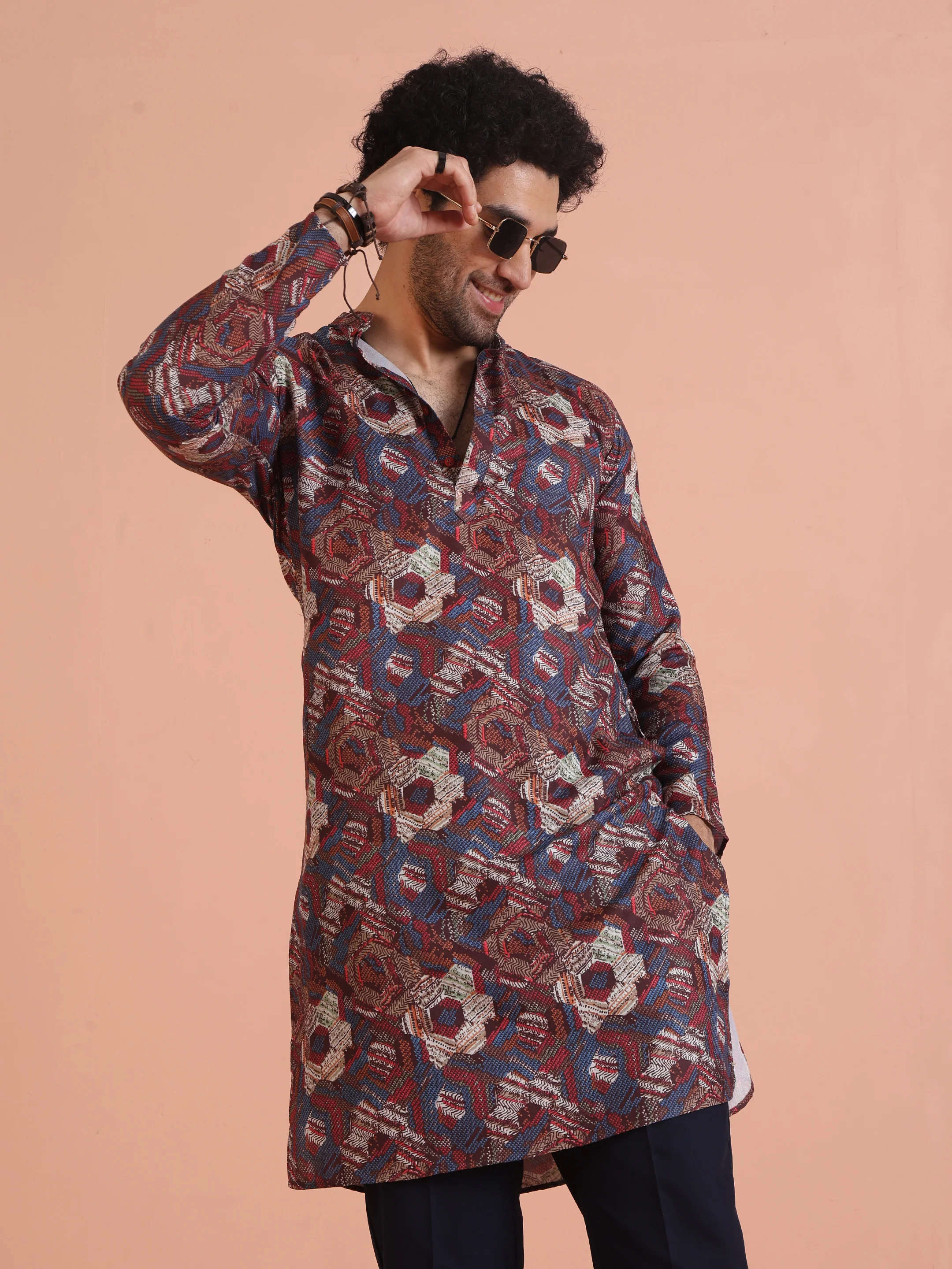 Multicolor Printed Cotton Kurta Set with Geometric Motifs and Navy Blue Trousers â€“ Festive & Wedding Ensemble - Image 6