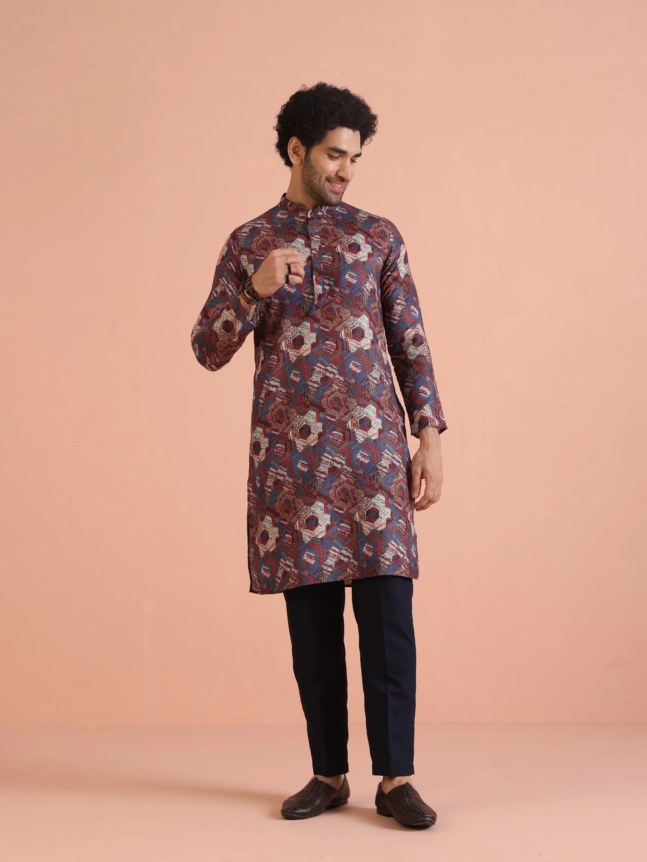 Multicolor Printed Cotton Kurta Set with Geometric Motifs and Navy Blue Trousers â€“ Festive & Wedding Ensemble - Image 7