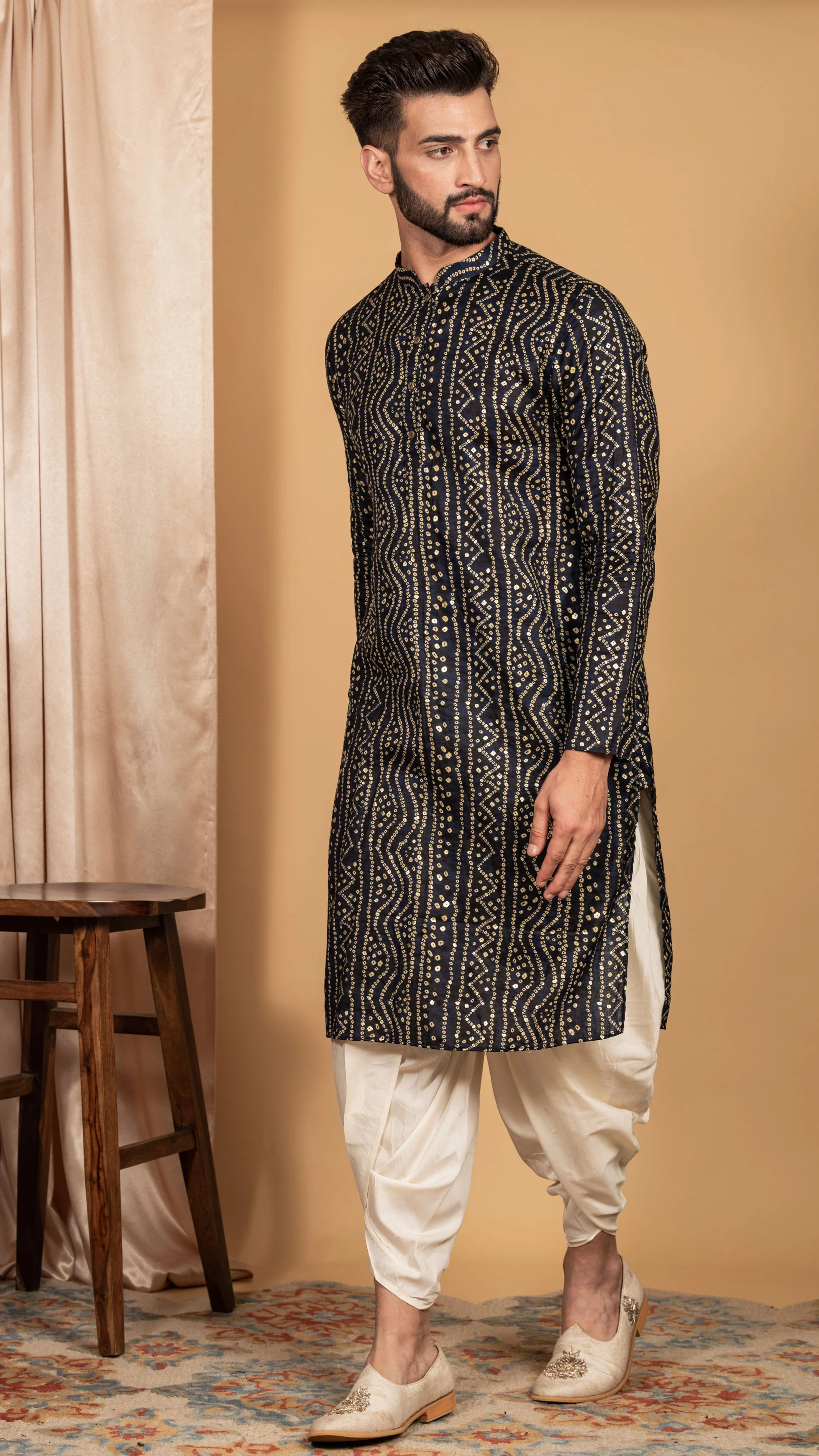 Men's Navy Blue Kurta Dhoti Pants Set - Image 3