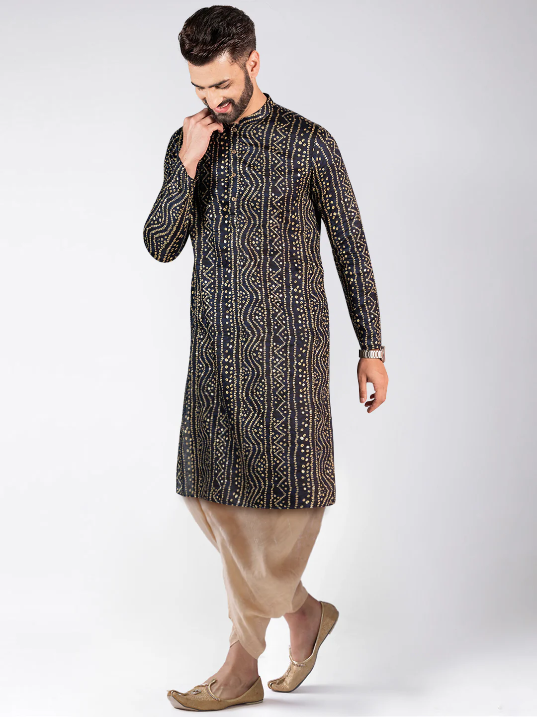 Men's Navy Blue Kurta Dhoti Pants Set - Image 3